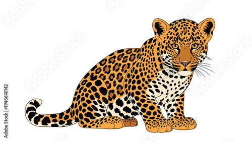 Cute Leopard Cub Illustration Sitting. Adorable Spotted Wildlife Animal Graphic Art Isolated on White Background.