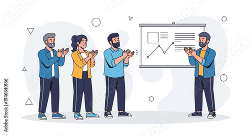 Team Applauding Presentation Success: Business Meeting, Growth Chart, Collaboration