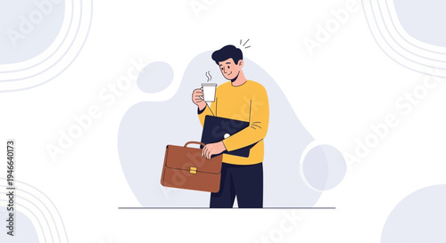 Young businessman holding briefcase, laptop, and coffee cup, ready for work