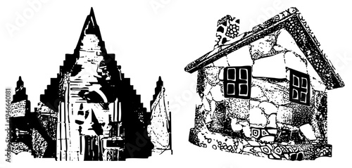Black and white vector illustration of rustic stone cottage with roof and windows, alongside tiered with ornate spire, both rendered in high contrast halftone texture.