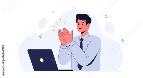 Man applauding at laptop, celebrating success, business achievement, online meeting applause
