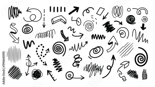 Set of black hand drawn arrows and different shapes elements, doodle arrows in various directions, sketch design elements, black scribbles, pointer symbol icon collection