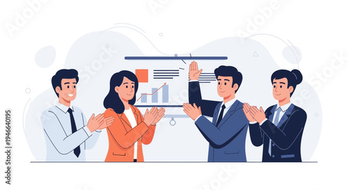 Business team applauds success during presentation, celebrating achievement, teamwork, and growth.