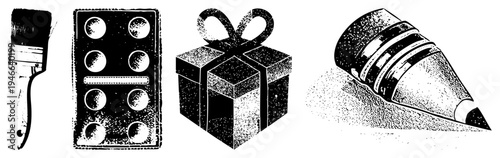 Brush, paint palette, gift box, pencil classic art tools, creative supplies, studio essentials, sketching gear, graphic design elements.