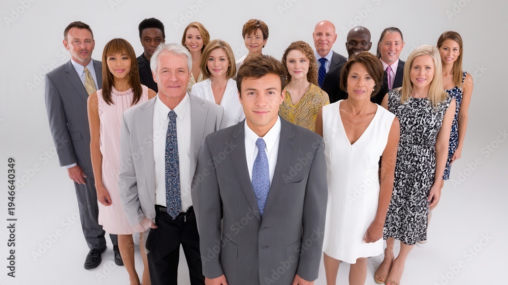 Obraz premium Diverse business team standing together, showing solidarity, collaboration, and various ages and ethnicities in a professional setting