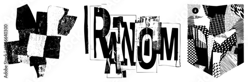 Fragmented black and white letterforms layered with halftone textures, geometric shapes, and collage style composition, ideal for graphic design or layouts.