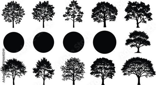 Tree silhouette collection, forest nature tree icons set, botanical woodland plant vector elements isolated on light background design