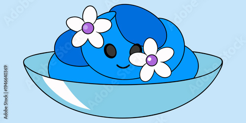 Blue ice cream with meringue and flower in a white bowl close up delicious treat
