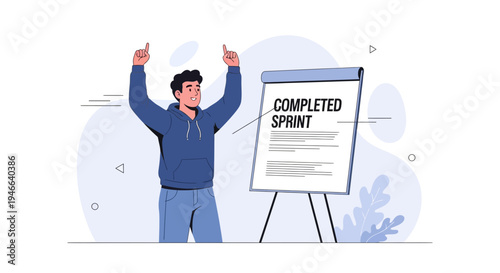 Man celebrating completed sprint with whiteboard, agile project management success