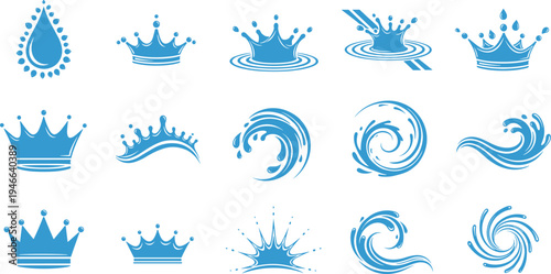 Blue water splash wave and crown icon set, liquid drop swirl symbols collection, aqua vector elements isolated background