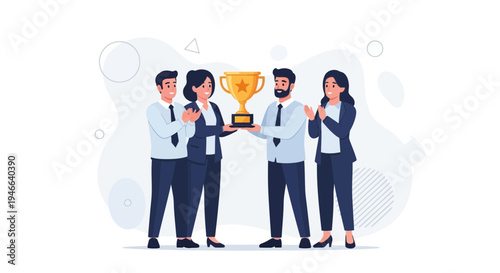Team celebrating success receiving a golden trophy award, business achievement concept