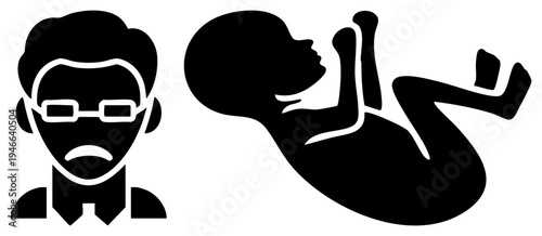 Parental silhouette with glasses and tie, fetal figure curled in womb, prenatal care, expectant father, gestation, family planning, reproductive health.