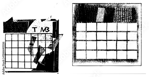 Stylized graphic featuring broken grid layout, fragmented typography “TMB”, halftone shading, geometric abstraction, vector art design.