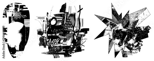 Black and white vector collage of fractured shapes, halftone textures, and bold silhouettes, abstract composition, graphic design element, modern art motif, isolated vector graphic.