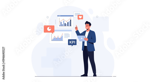 Man presenting KPI dashboard with charts and graphs, business analytics concept