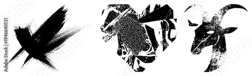 Graphic representations of bird, horse, and goat heads using halftone dots and fragmented shapes, vector art with gritty texture, isolated animal motifs.