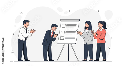 Business team applauding presentation success, celebrating achievement, teamwork, and victory.