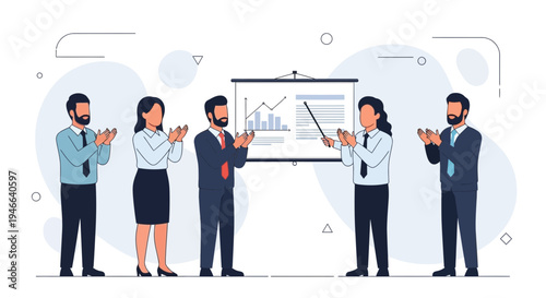 Business team applauding during a presentation with charts on a whiteboard.
