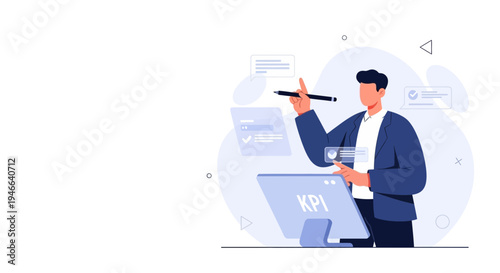 Businessman analyzing KPI data on computer screen, business analytics concept
