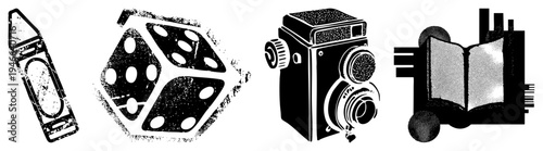 Retro stylized including camera, die, crayon, and open book, rendered in halftone texture, graphic, creative vector set for design.