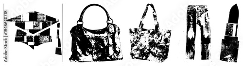 Vector halftone featuring graduation cap, handbags, jeans, and lipstick fashion, education, beauty, and lifestyle symbols in.