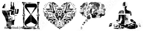 Graphic representation of lightbulb, hourglass, heart, brain, and meditating figure, each composed of fragmented, ideal for design or use.