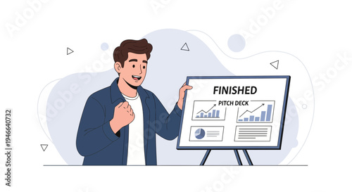 Man celebrates finished pitch deck presentation with charts and graphs on screen
