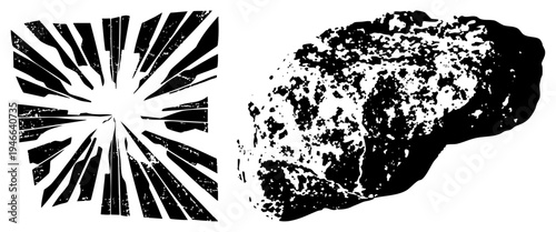 Graphic composition featuring radial burst and rough stone texture, minimalist vector art, black and white design, stylized forms, isolated elements.