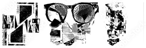 Artistic face masks composed of fragmented shapes, halftone textures, and bold, vector graphic, design, graphic art, stylized portraits.