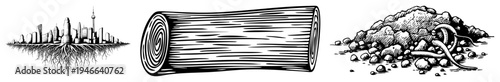 City growing from roots, tree log section, earthworms in soil, nature vs urban symbiosis, eco illustration, black and white vector.