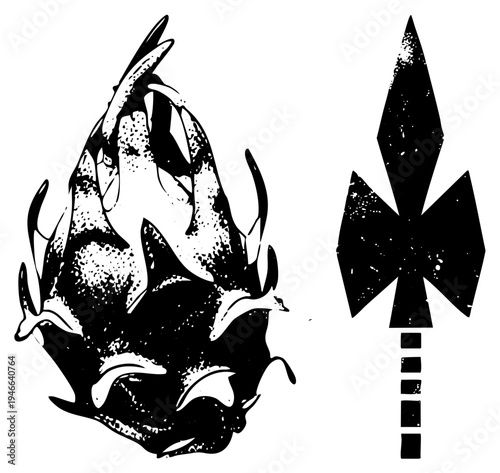 Dragon fruit fruit with spiky skin and spear weapon, black and white vector, halftone texture, isolated graphic elements, stylized fruit and weapon design.