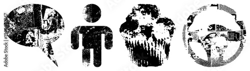 Distressed halftone including speech bubble, stylized human figure, cupcake, and steering wheel, rendered in gritty with noise and texture for graphic design use.