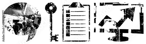 Distressed black vector including key, clipboard, and upward graph, halftone texture, gritty aesthetic, graphic design elements.