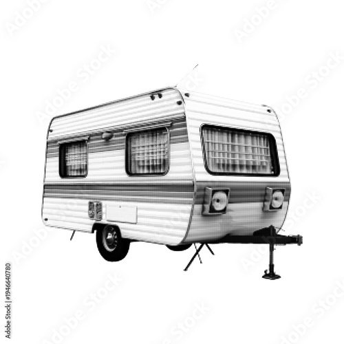 Retro travel trailer caravan in halftone engraving style. Vintage camper illustration representing road trip, camping, tourism, and outdoor adventure isolated on light background.
