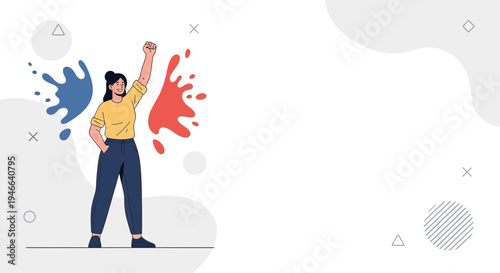 Woman celebrates victory with red and blue paint splashes, empowerment concept