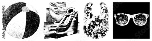 Four halftone vector beach ball with stripes, water slide, baby bib with, retro sunglasses. Black and white dot, isolated foreground, clean vector style.