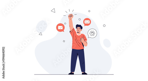 Man celebrating success with notification icons, email and message alerts