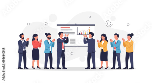 Business team applauding during presentation with charts on whiteboard