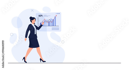 Businesswoman analyzing KPI graph, presenting financial data, modern office illustration