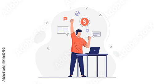 Man celebrating success with laptop, money, and communication icons
