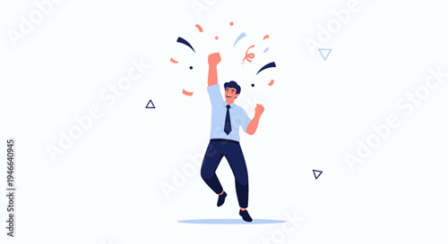 Man celebrating success with confetti and raised fists, business achievement concept