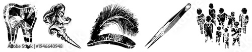 Grunge styled vector of tooth, dental, feather, tweezers, and crowd silhouettes,, medical, retro, graphic design elements.