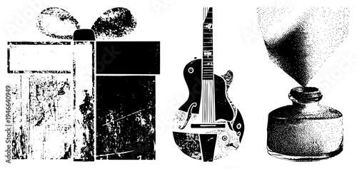 Retro stylized gift box with bow, electric guitar silhouette, vintage inkwell with smoke, all in gritty halftone texture, vector art.