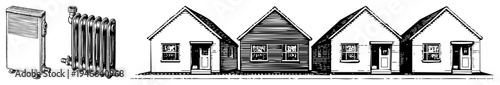Antique radiators and traditional cottages with gabled roofs, wooden siding, and front doors, rendered in clean art, ideal for architectural or retro design projects.