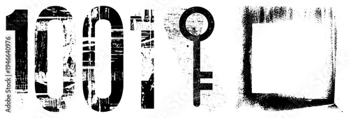 Distressed typographic number 1001, vintage key, retro graphic, halftone vector art, black and white glyph set, isolated digital symbols.