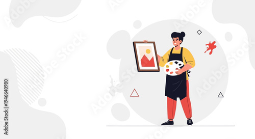 Artist holding painting and palette, creative hobby, illustration, flat design