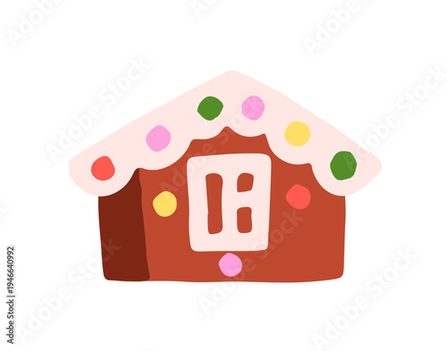 Gingerbread house. Christmas ginger bread decorated with frosting. Traditional Xmas biscuit. Doodle cookie for Santa Claus in winter holidays. Flat isolated vector illustration on white background