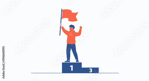 Man celebrating victory on podium holding flag, achievement concept