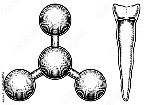 Classic three pronged fidget spinner with halftone shading, alongside vintage dental instrument, vector illustration, black and white, retro engraving style.
