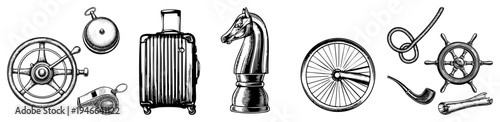 Classic travel symbols including ship wheel, suitcase, whistle, chess knight, bicycle wheel, rope knot, pipe, and bell isolated vector illustrations for design or branding.